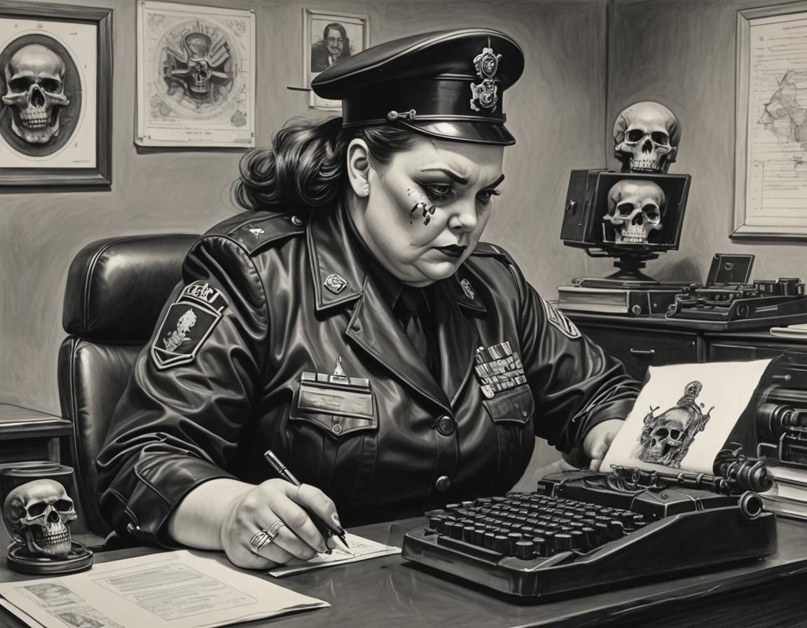 SSBBW in Latex Uniform: Detailed Charcoal Drawing