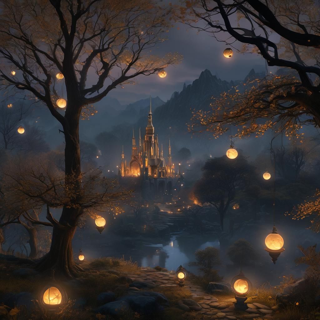 Golden Orbs in Twilight Mist: Fantasy Concept Art