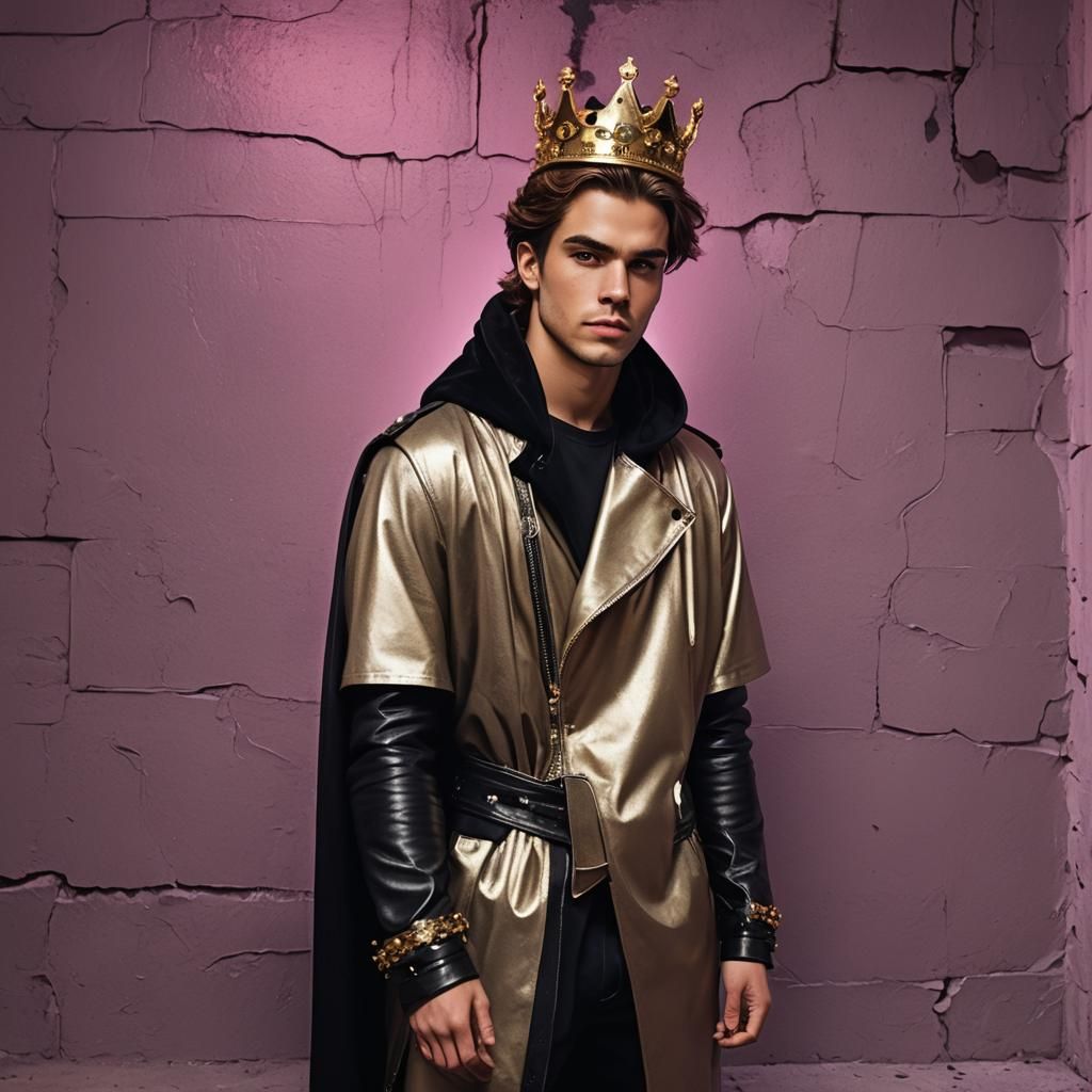 Modern King in Neon Cityscape: Cinematic Film Still