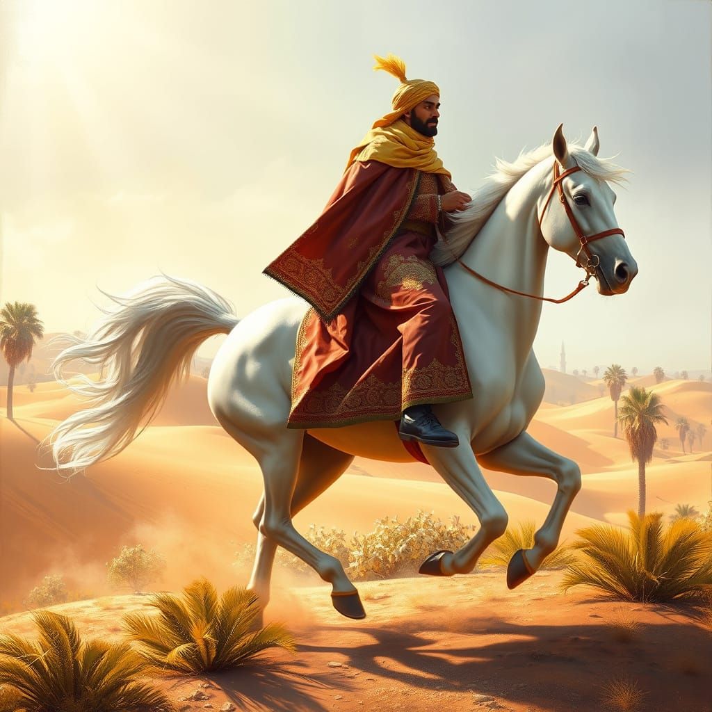 Arabian Prince on White Horse Gallops Up a Hill in Golden Li...