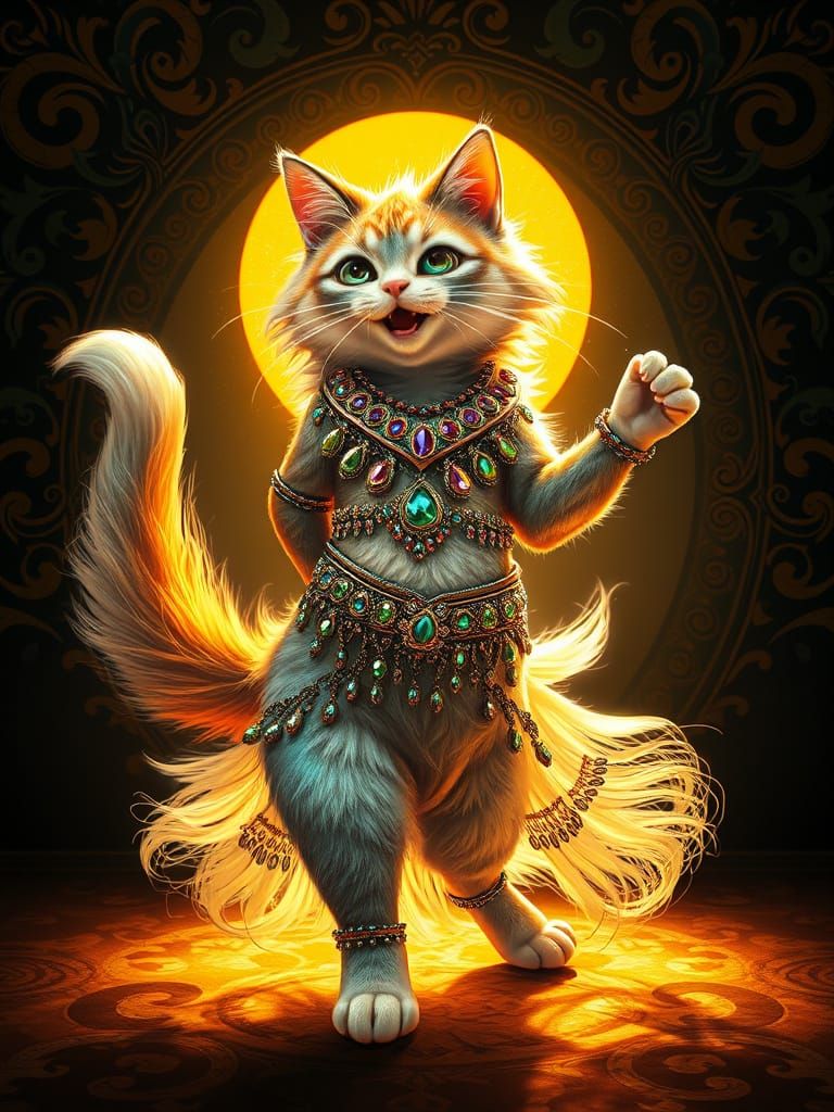 Whimsical Cat Dances with Belly Dance Elegance in Art Nouvea...