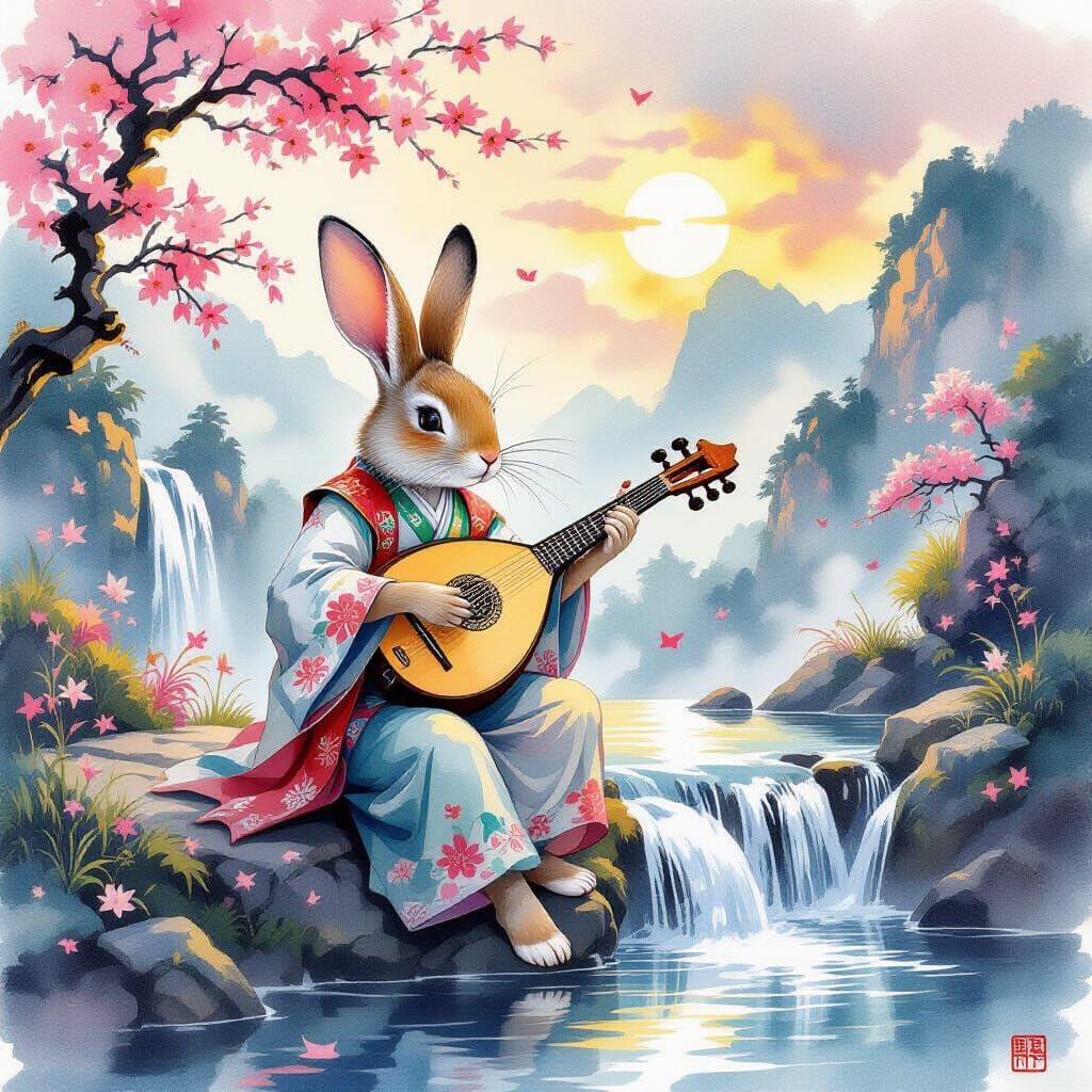 Rabbit Bard by Waterfall in European Landscape