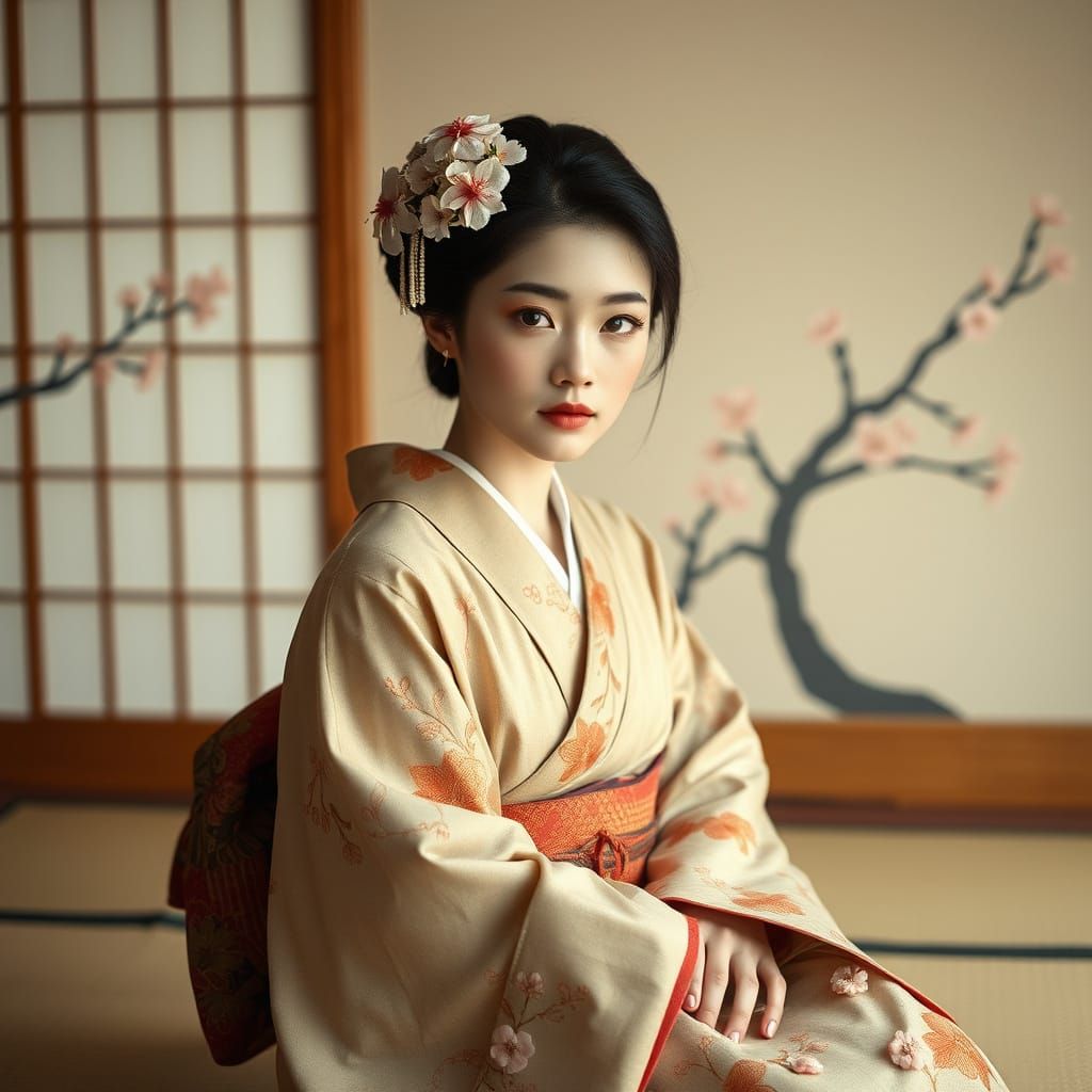 Elegant Japanese Woman in Traditional Kimono