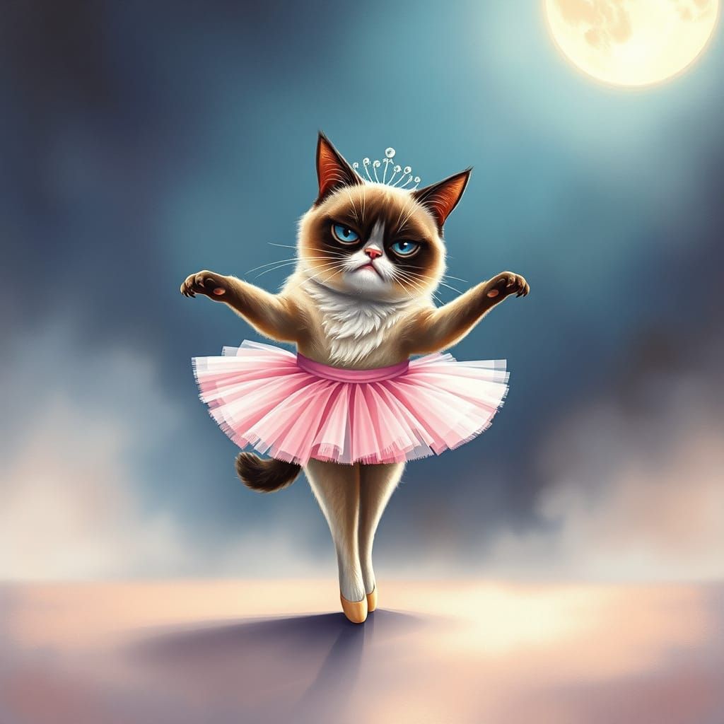 Grumpy Cat En Pointe in Whimsical Watercolor