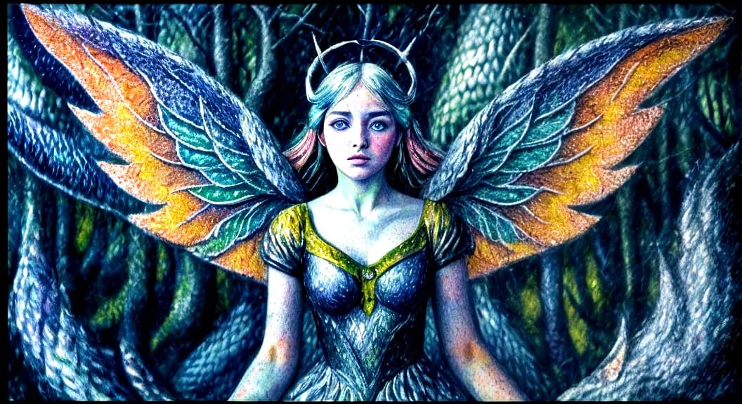 Silver Fairy in Enchanted Forest, Surreal Pointillism