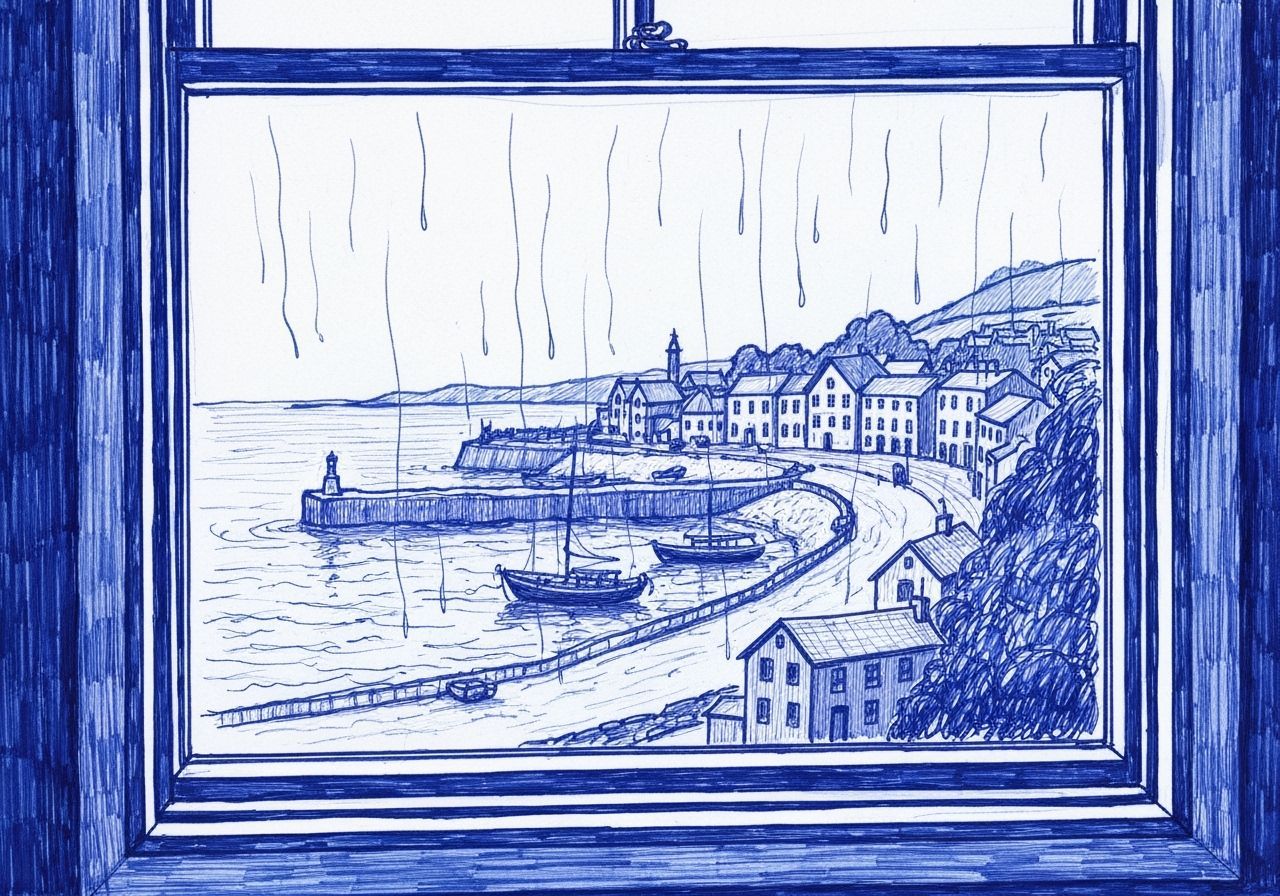 Blue biro doodle of a view through a window to a seaside tow...