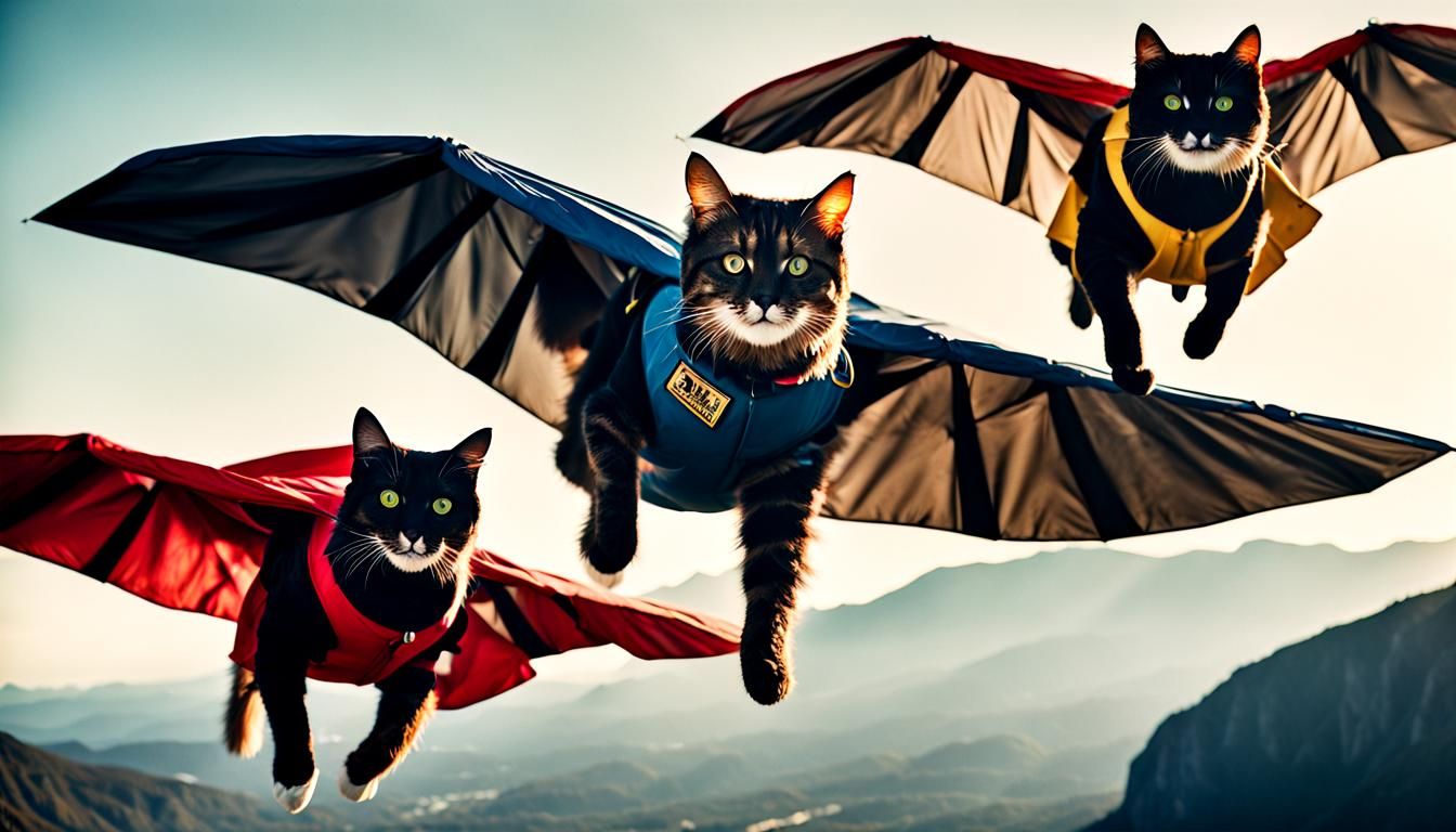 Cats in Wing Suits Soaring High: Cinematic Still