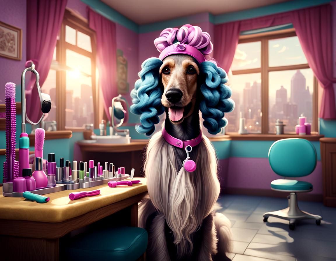 Afghan Hound Hairdresser at Beauty Parlor Cartoon