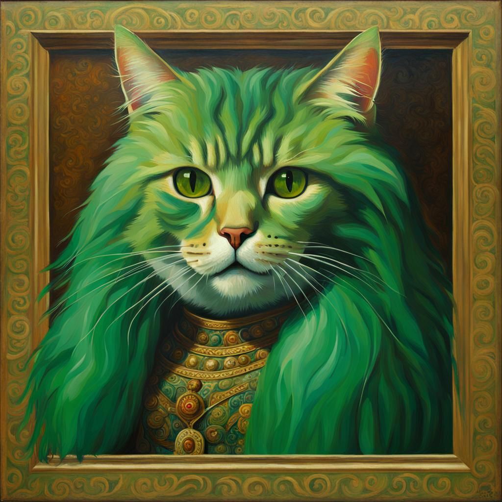 Green Furred Cat as Mona Lisa, Renaissance Oil Painting