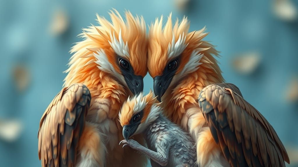 Gryphon Family's Tender Moment in Dreamy Forest Glade
