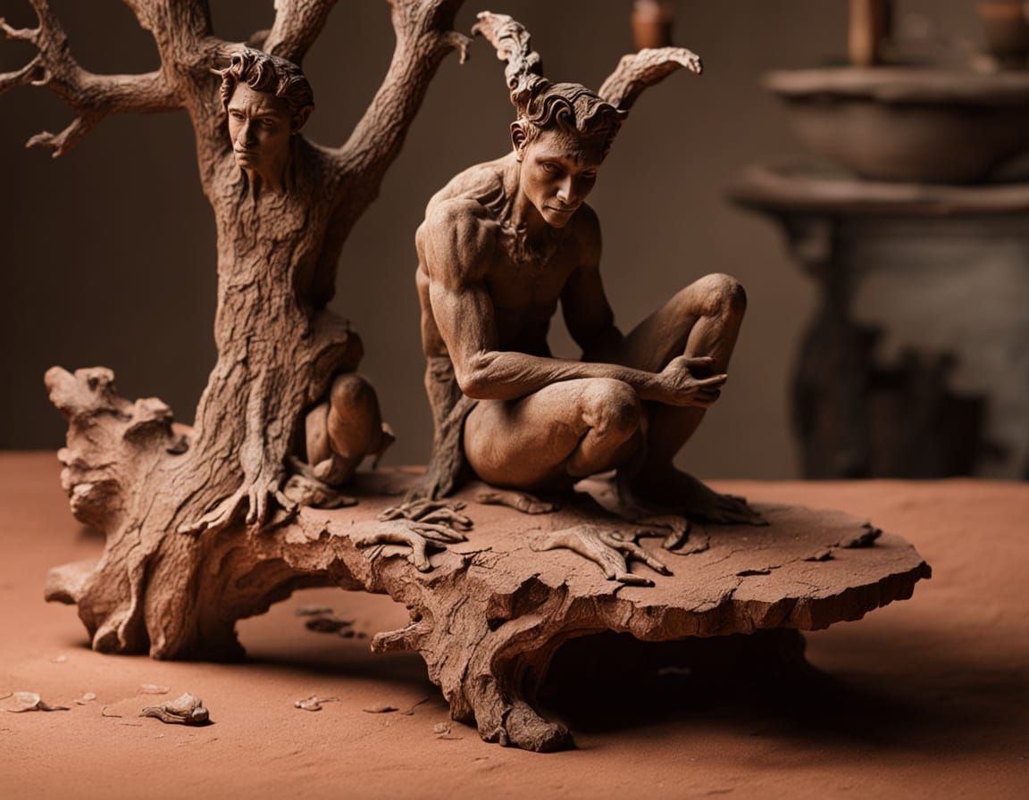 Earthy Terracotta Faun Sculpture by Candlelight