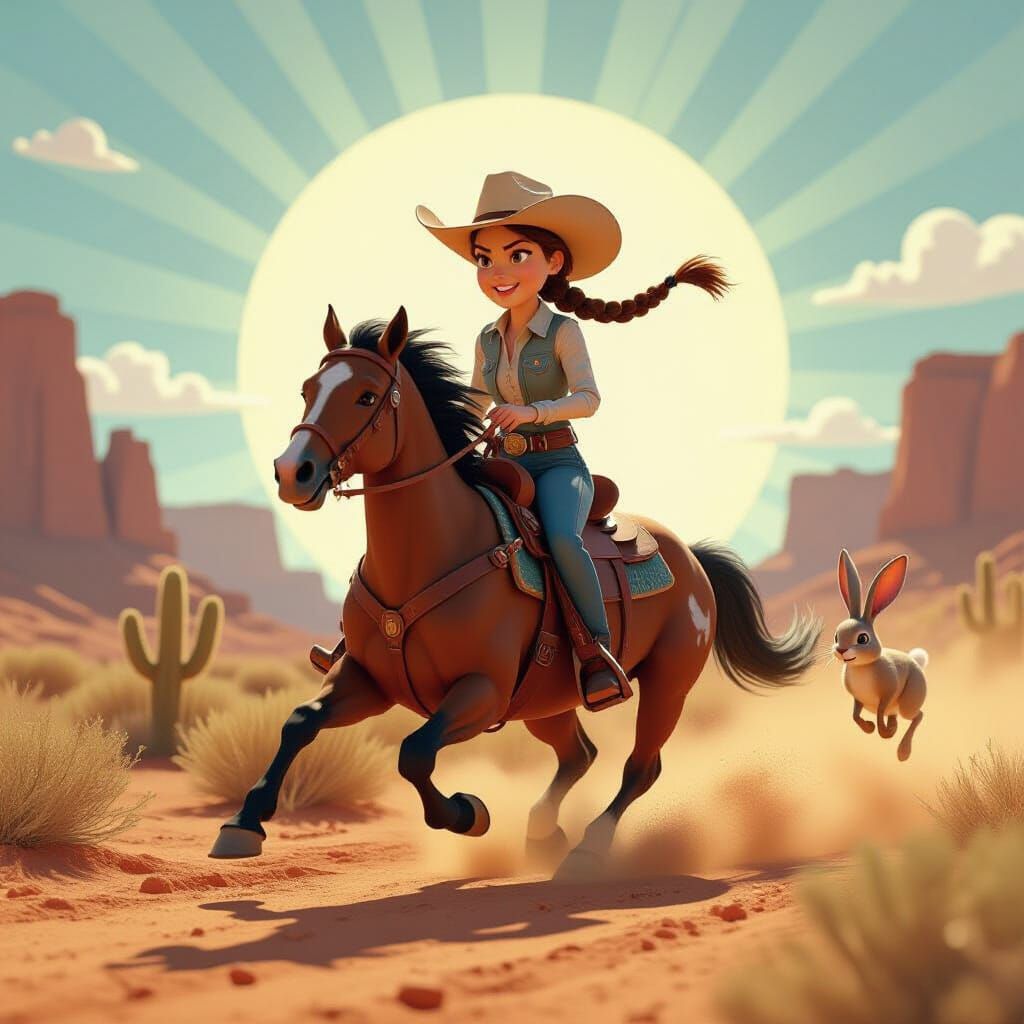 Cowgirl Chases Jackrabbit in Dusty Dry Gulch