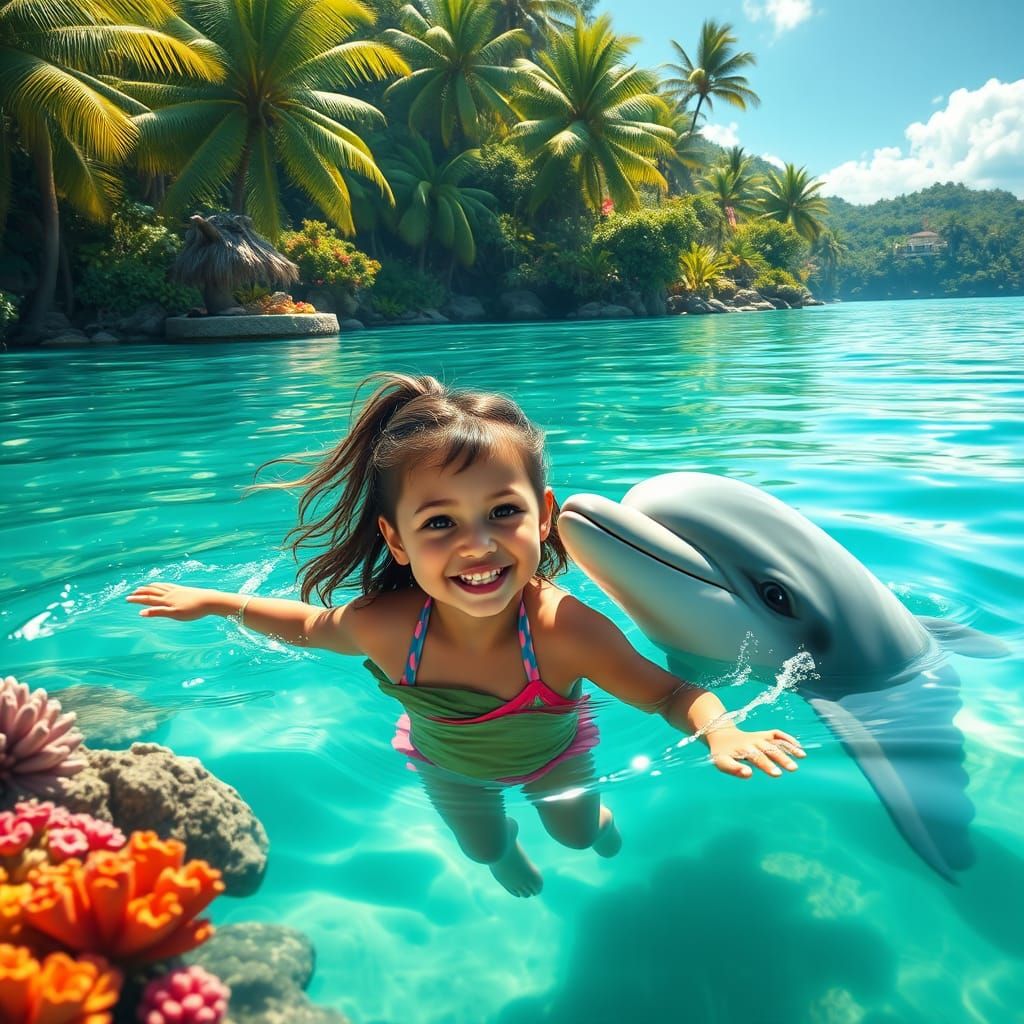 Serene Beach Scene with Dolphin and Palm Trees