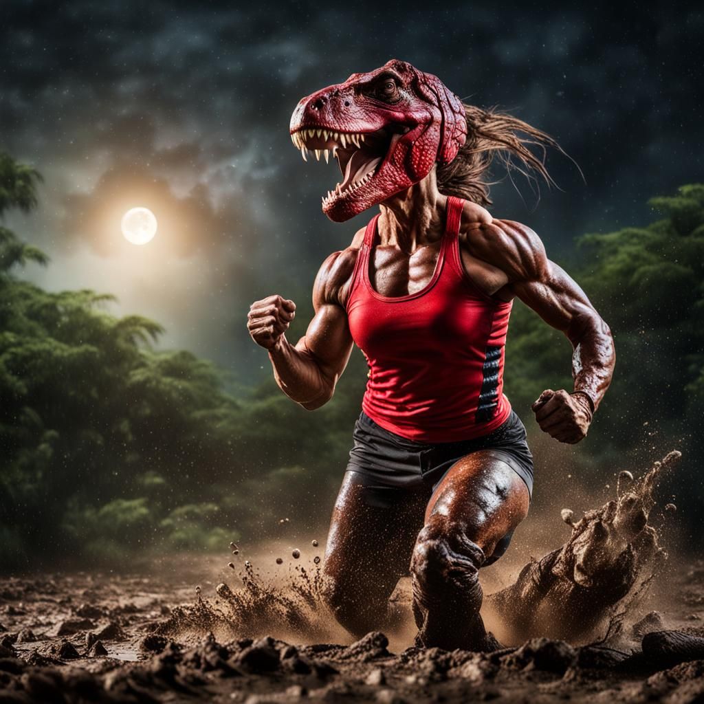 Bodybuilder's Jungle Run: T-Rex Chase Under Moonlight