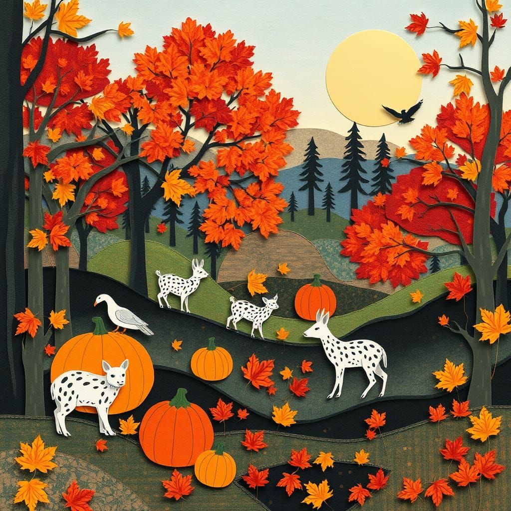 Whimsical Autumn Landscape in Collage Paper Cut Art