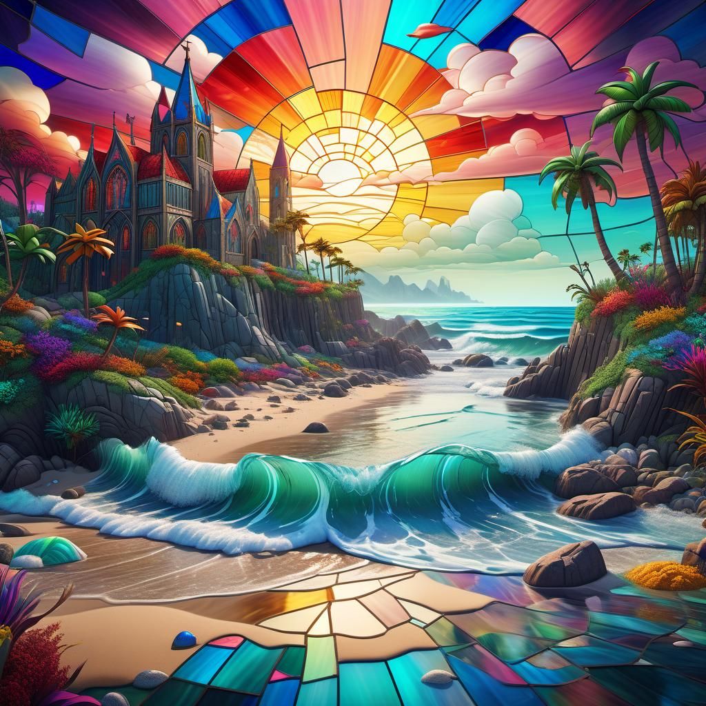 Colorful Stained Glass Beach Scene in 8K