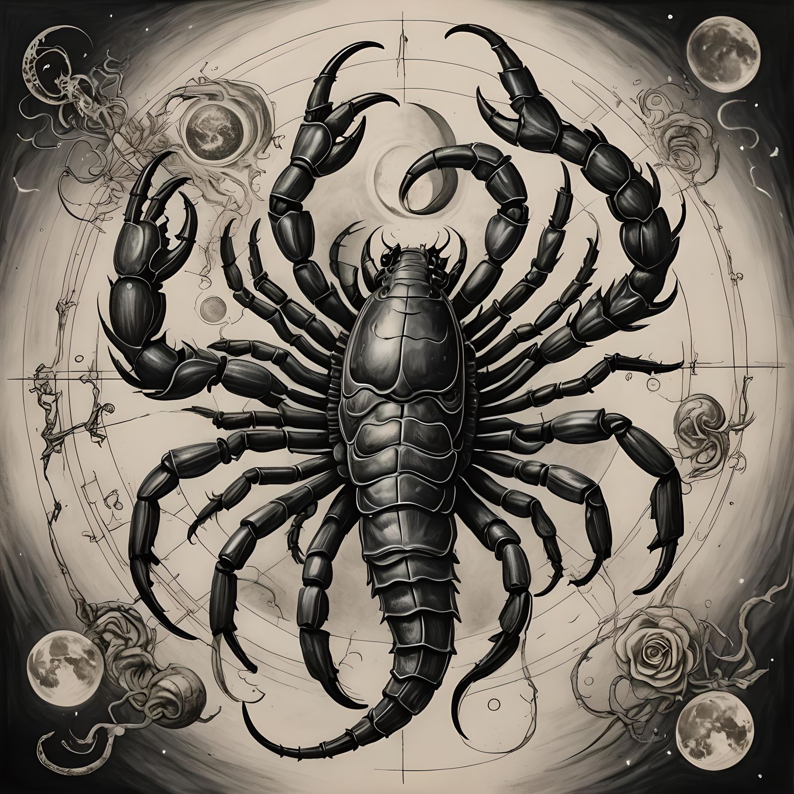 Detailed Charcoal Scorpion with Celestial Orbits