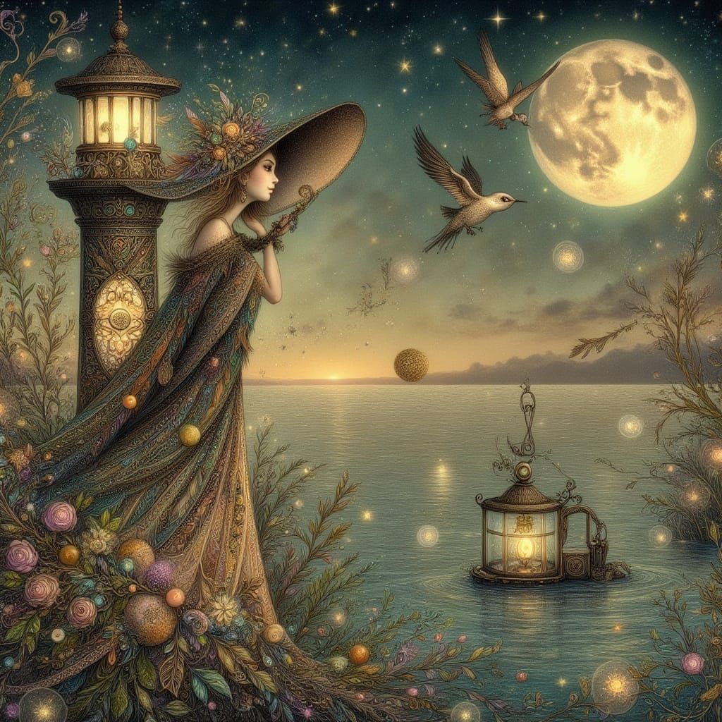 Art Nouveau Flapper on Moonlit Lighthouse