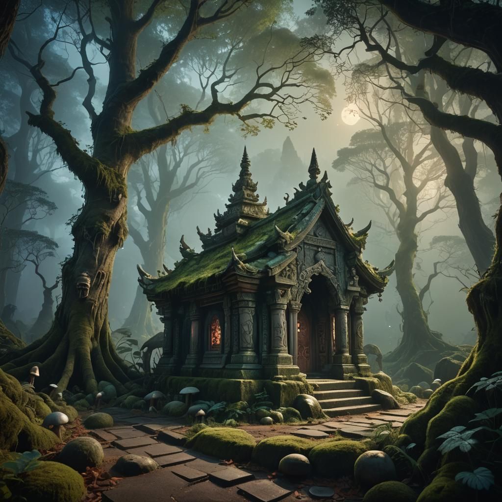 Mystical Shrine in Moonlit Forest: Fantasy Concept Art