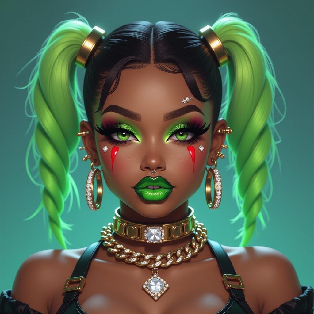 Cyberpunk Doll Woman with Neon Pigtails and Gold Restraints