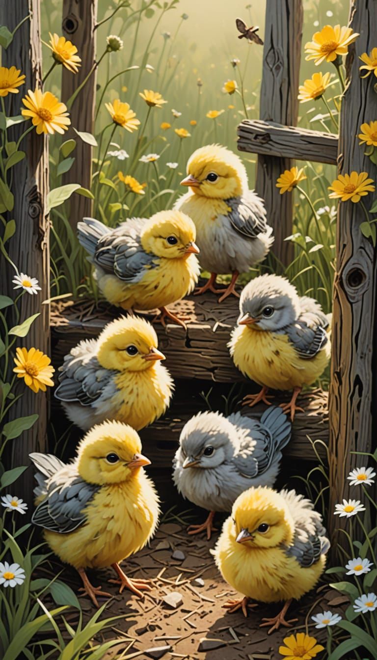 Charming Yellow Chicks Explore Cozy Farmyard Scene