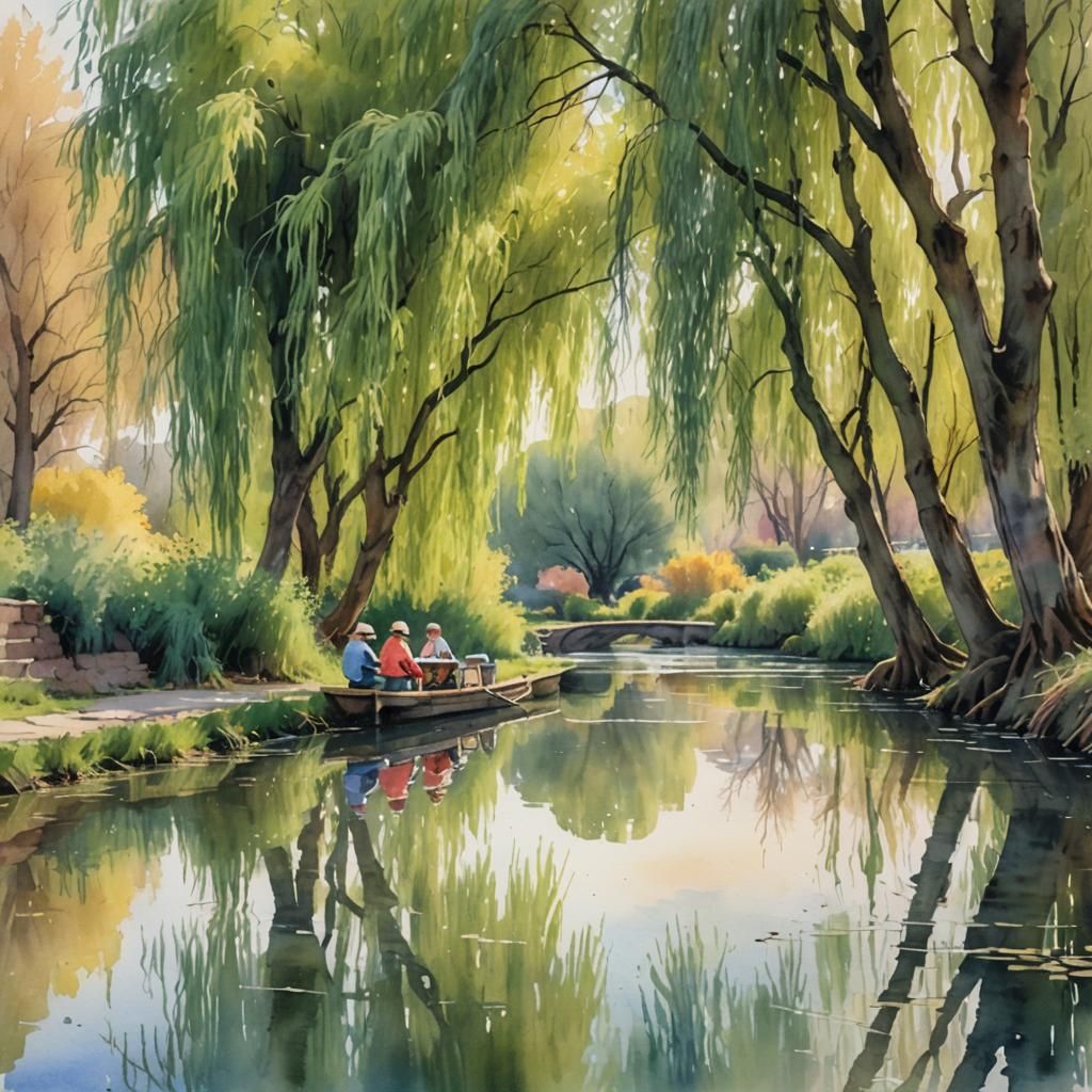 Watercolor Canal Scene with Picnic