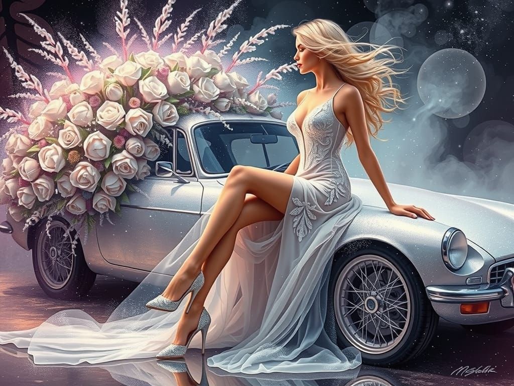 Floral Car Fantasy: A Dreamy Pointillist Neon Masterpiece