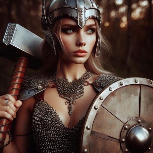 Female Warrior in Golden Chainmail, Shield of Odin, and Hamm...