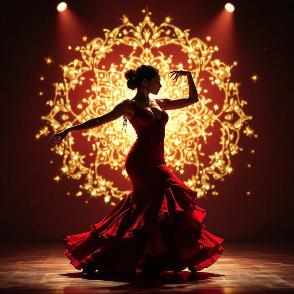 Passionate Flamenco Dancer in Crimson Dress with Golden Aura