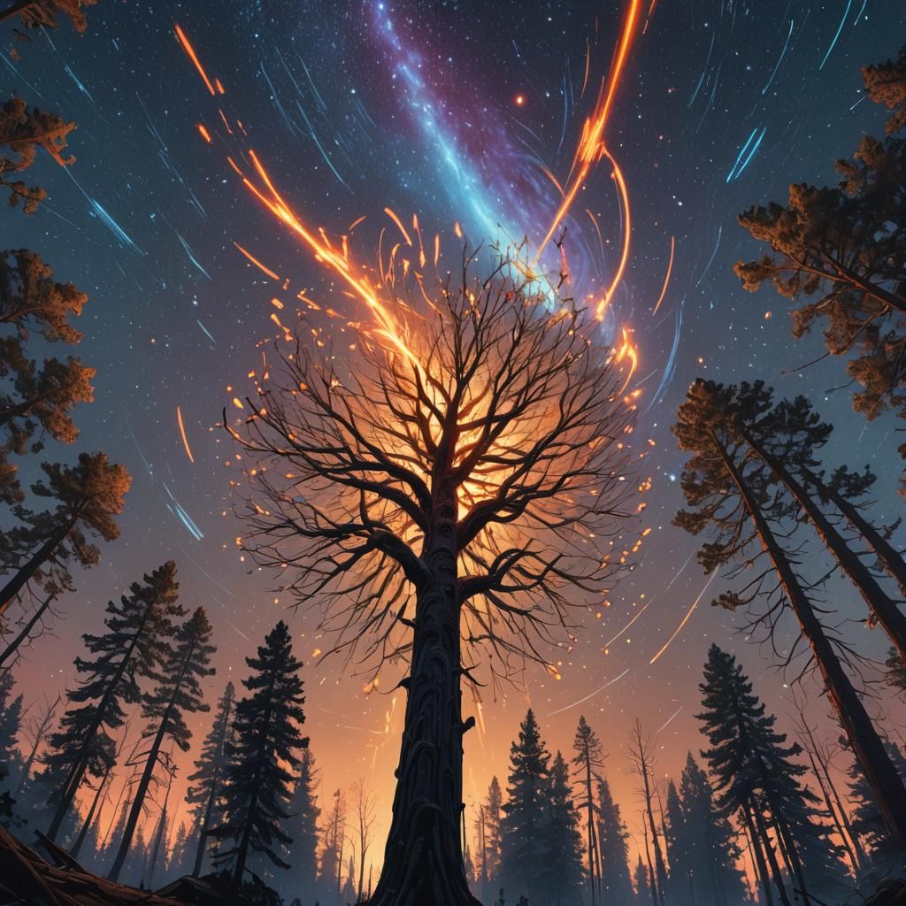 Mystical Forest Bathed in Meteor Shower Light