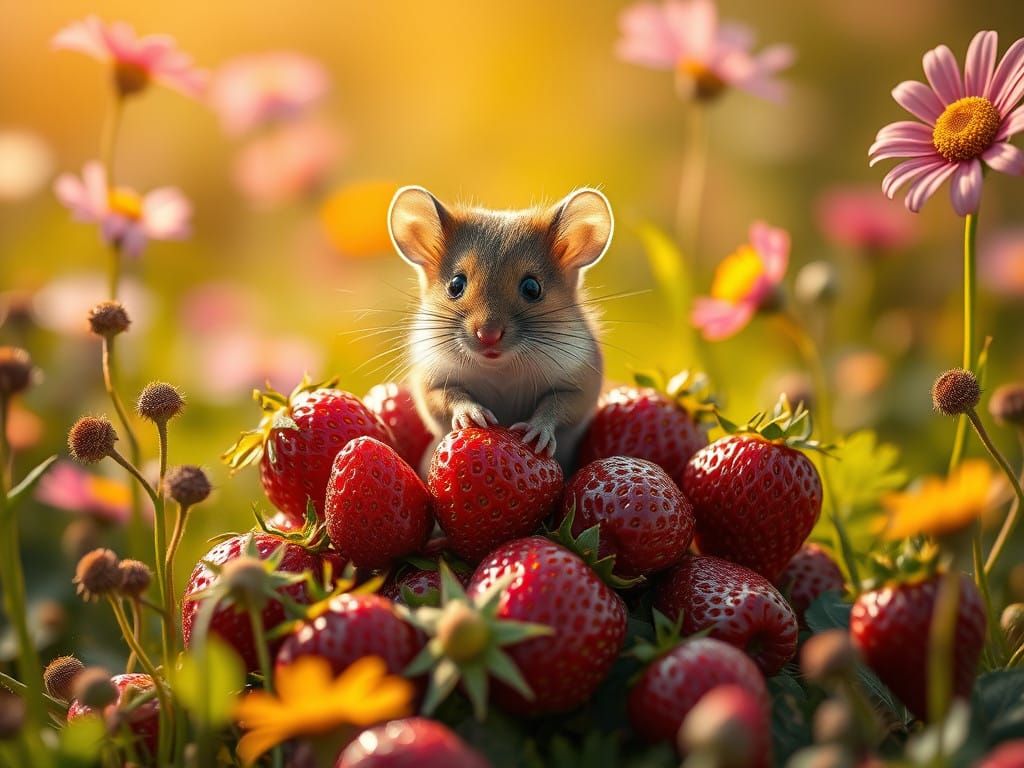 Mousy Girl Sits with Wild Strawberries in a Vibrant Meadow