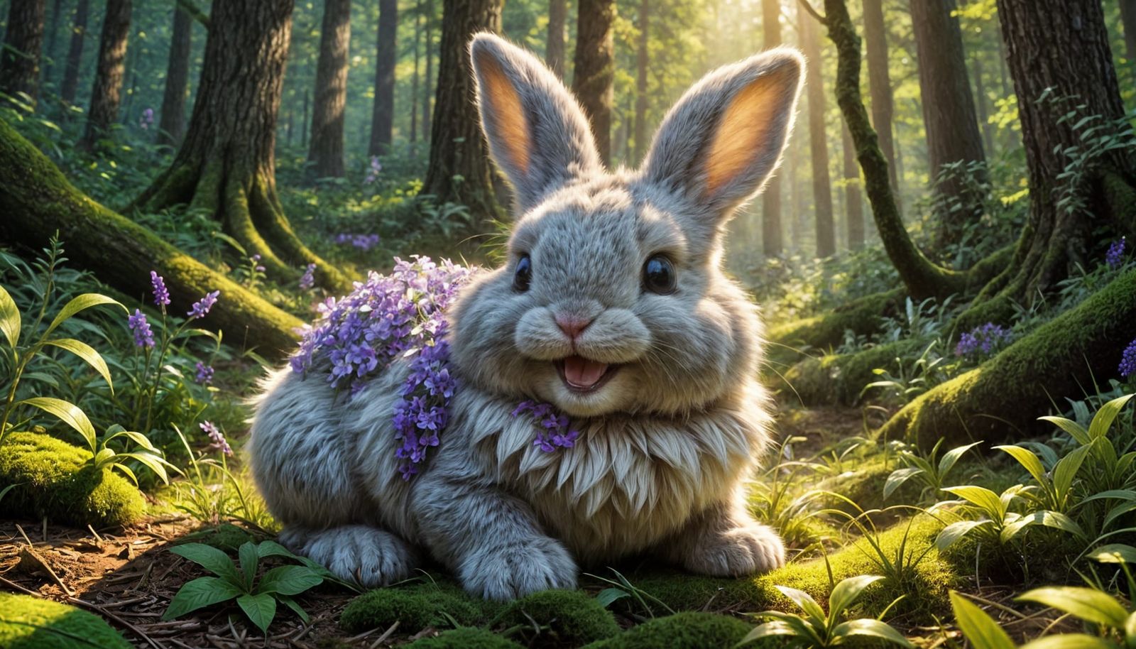 Happy Bunny Rolling in Forest: Dreamcore Illustration