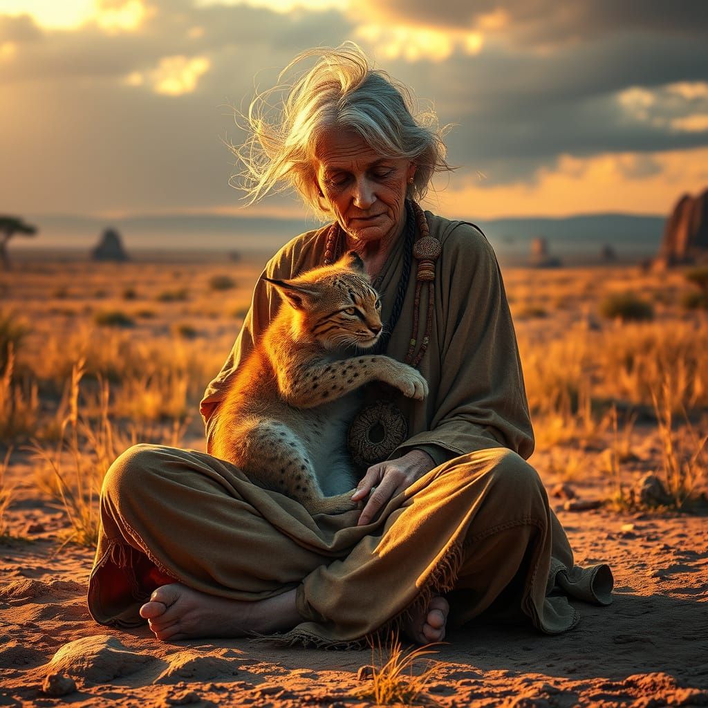 Ethereal Woman Enfolds Young Lynx in Savannah Landscape