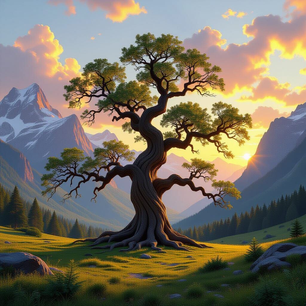 Giant Ancient Tree in Serene Valley with Snowy Mountains