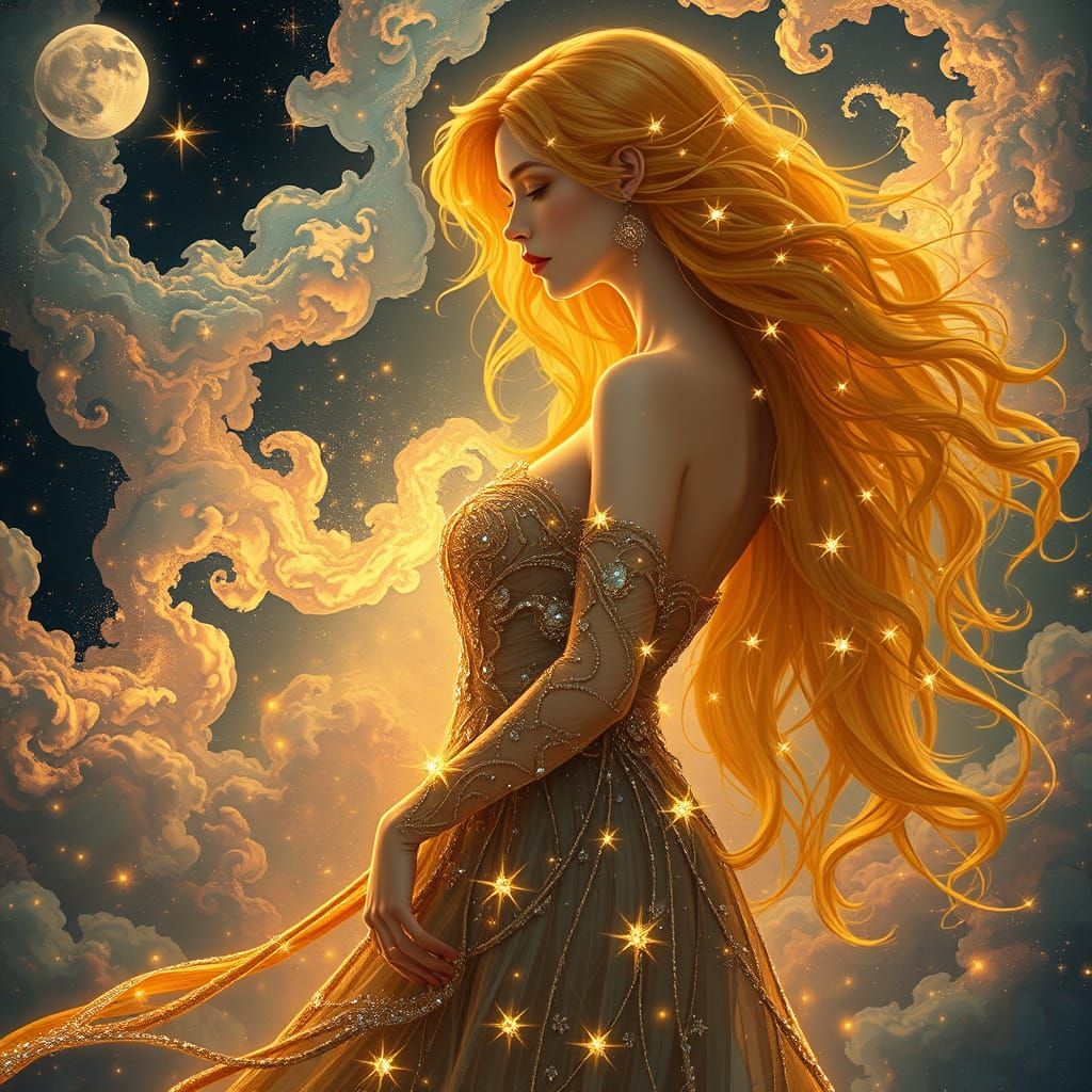 Golden Goddess in Cosmic Dreamscape