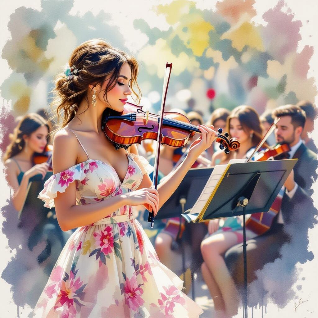 Woman Mesmerized by Violinist in Watercolor Style