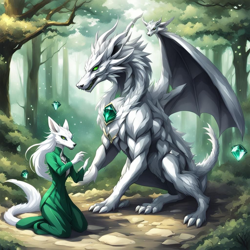 Silver Dragon with Emerald Deer and Diamond Fox