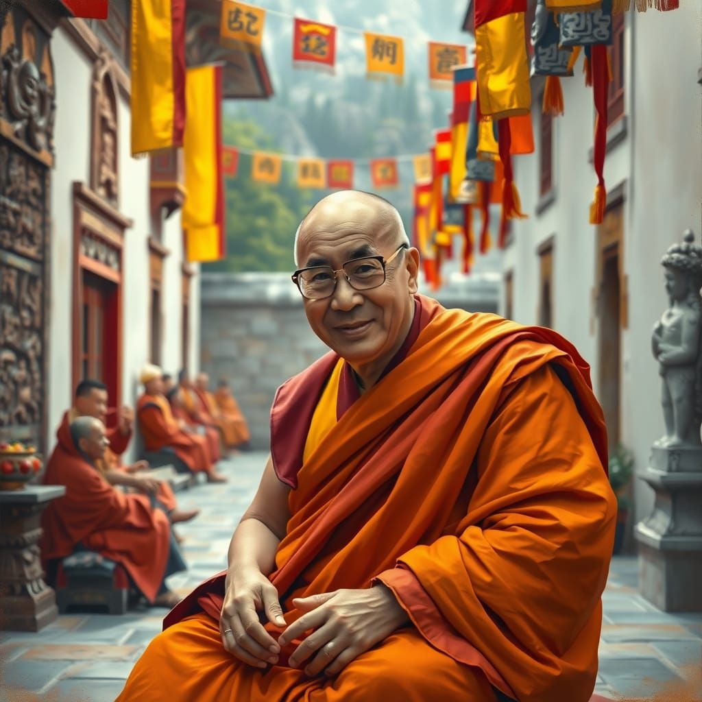 Spiritual Leader in Serene Monastery Courtyard