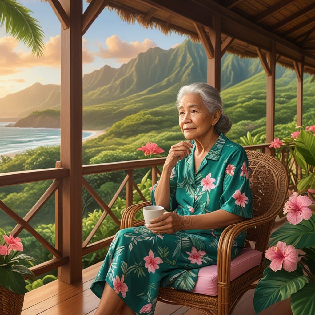 Elderly Hawaiian Woman Enjoys Coffee on Lanai