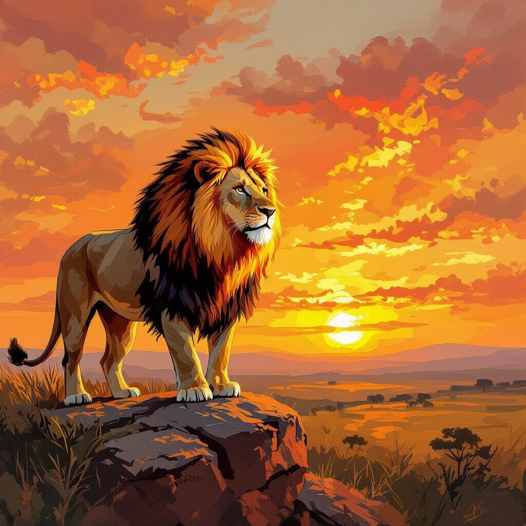 Lion with Fiery Mane Overlooking Sunset Savanna
