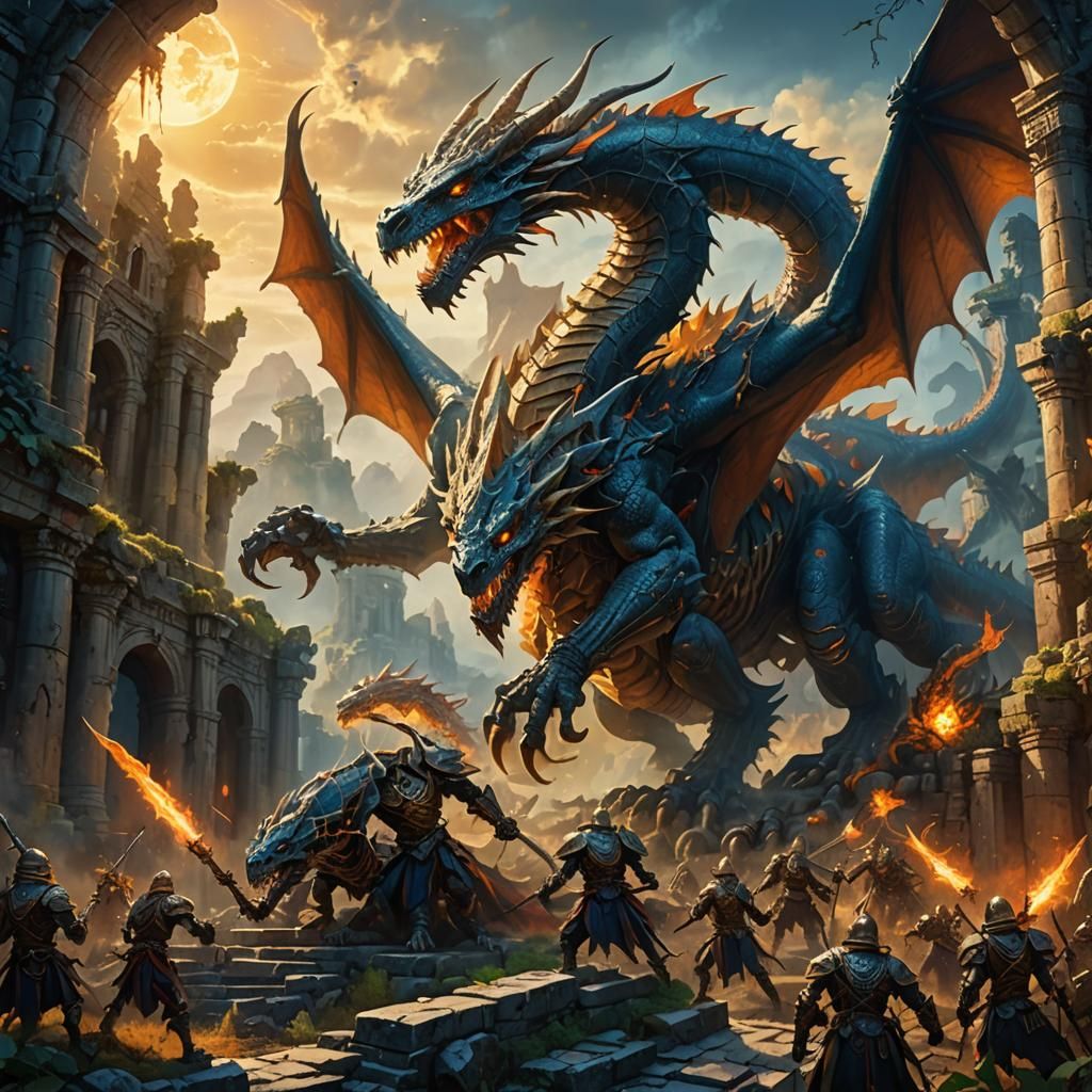 Skeleton Army Battles Dragon in Ancient Ruins