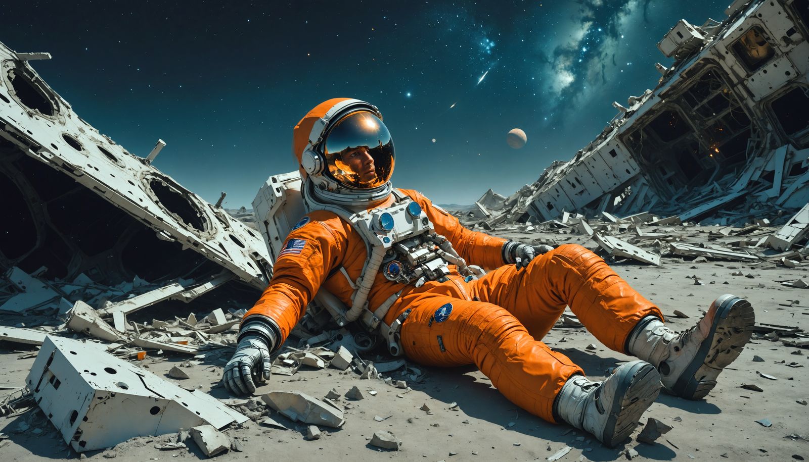 Despairing Astronaut Amidst Spaceship Wreckage