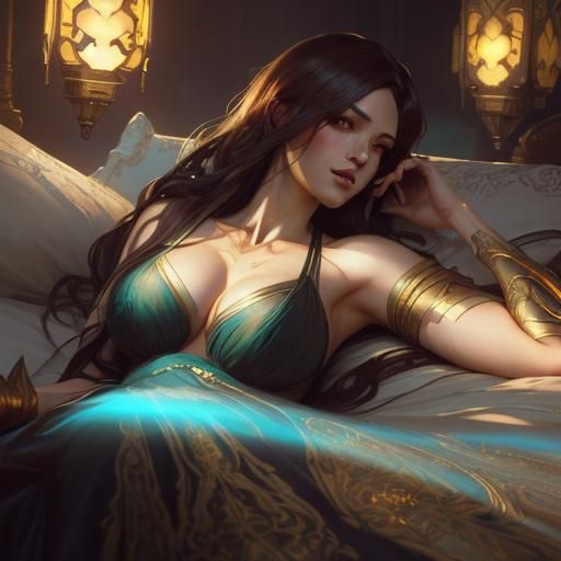 Sensual Woman on Bed: Hyperdetailed Concept Art