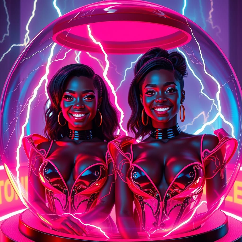 Neon Synthwave: Women in a Glass Sphere