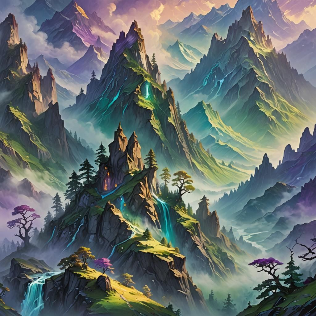 Mountain Ranges in Triadic Colors, Detailed Matte Painting