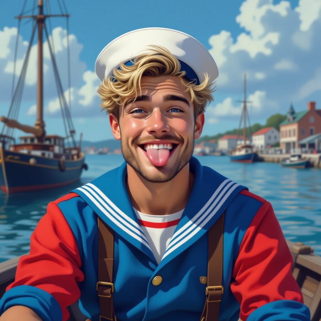 Playful Sailor in 1800s Harbour: Digital Painting Style