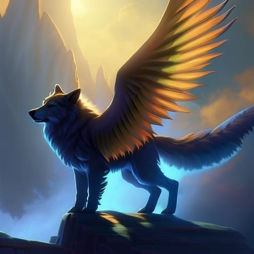 Winged Wolf Fantasy Art in Vibrant Colors