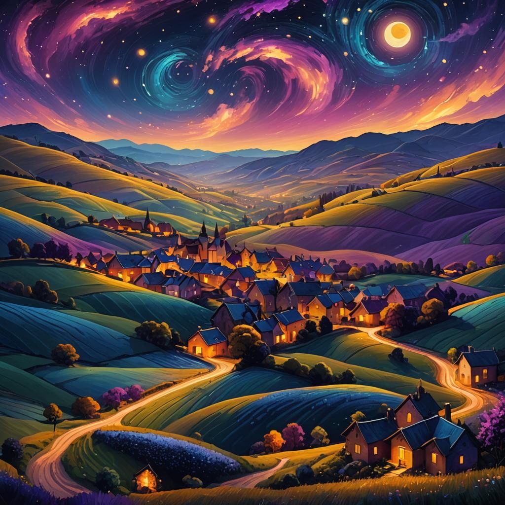Magical Starry Night Village in Post-Impressionist Style