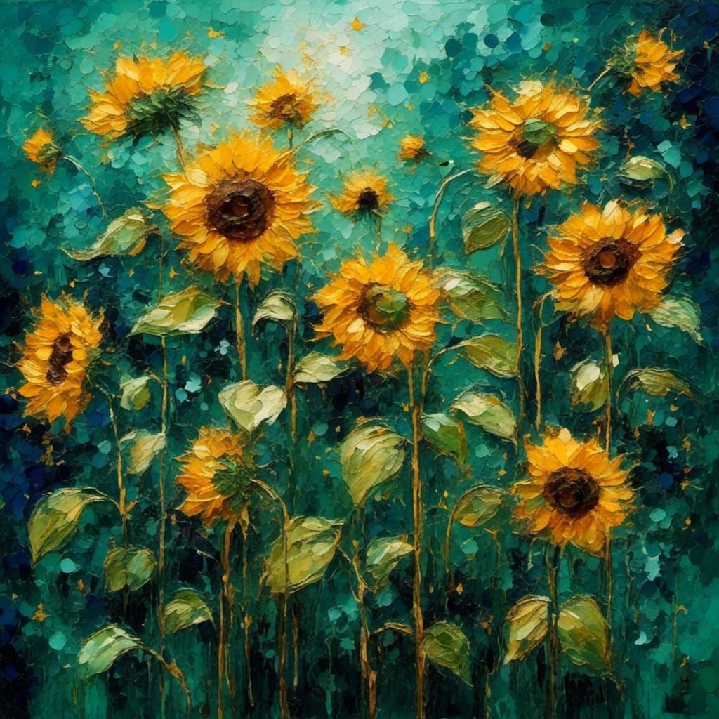 Sunflower Field at Night in Impasto Style
