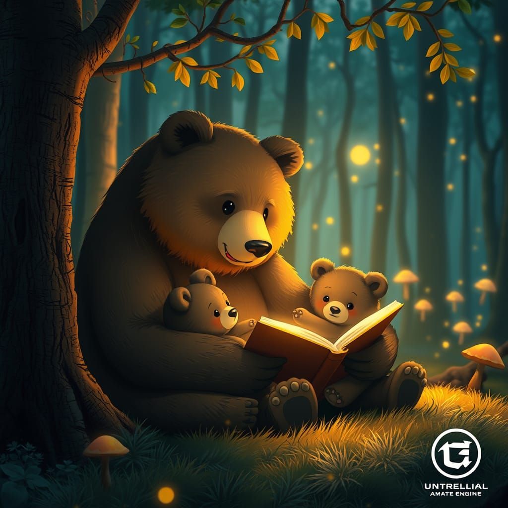 Kawaii Papa Bear's Bedtime Story in Golden Light